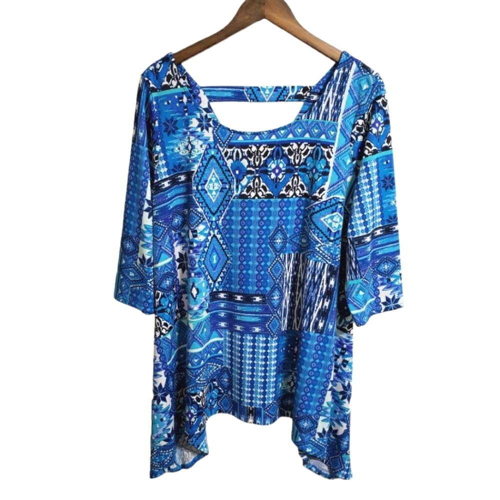 New Directions Blue Turquoise Splash Tunic Top Cutout Back Women's Size 1X